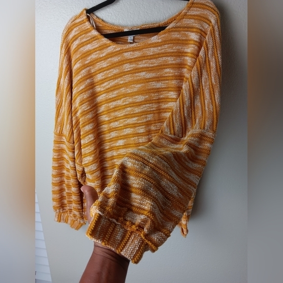 Umgee Mustard Yellow and White Stripped Oversized Crewneck Blouse - Picture 4 of 6